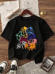 1 件适合夏季的青少年男孩休闲印花圆领短袖 T 恤，这款充满活力的 T 恤为每个孩子带来欢乐和幸福