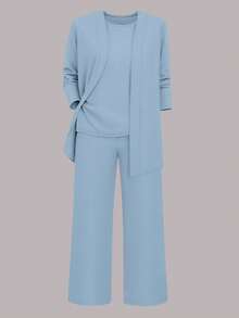 女士休闲纯色三件套：外套/开衫 + 圆领无袖上衣 + 松紧腰直筒裤，柔软弹力面料，宽松舒适，适合春/秋/冬穿着。 - 天空色 - 查看 5