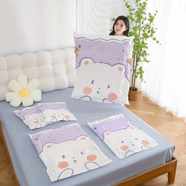 4pcs Cute Cartoon Pattern Vacuum Storage Bags, Space Saving Sealed Plastic Storage Boxes, Suitable For Clothes, Bedding - Multipurpose, No Electricity Required, Clothing Storage | Durable Thick Plastic Bags, Travel Storage Bags