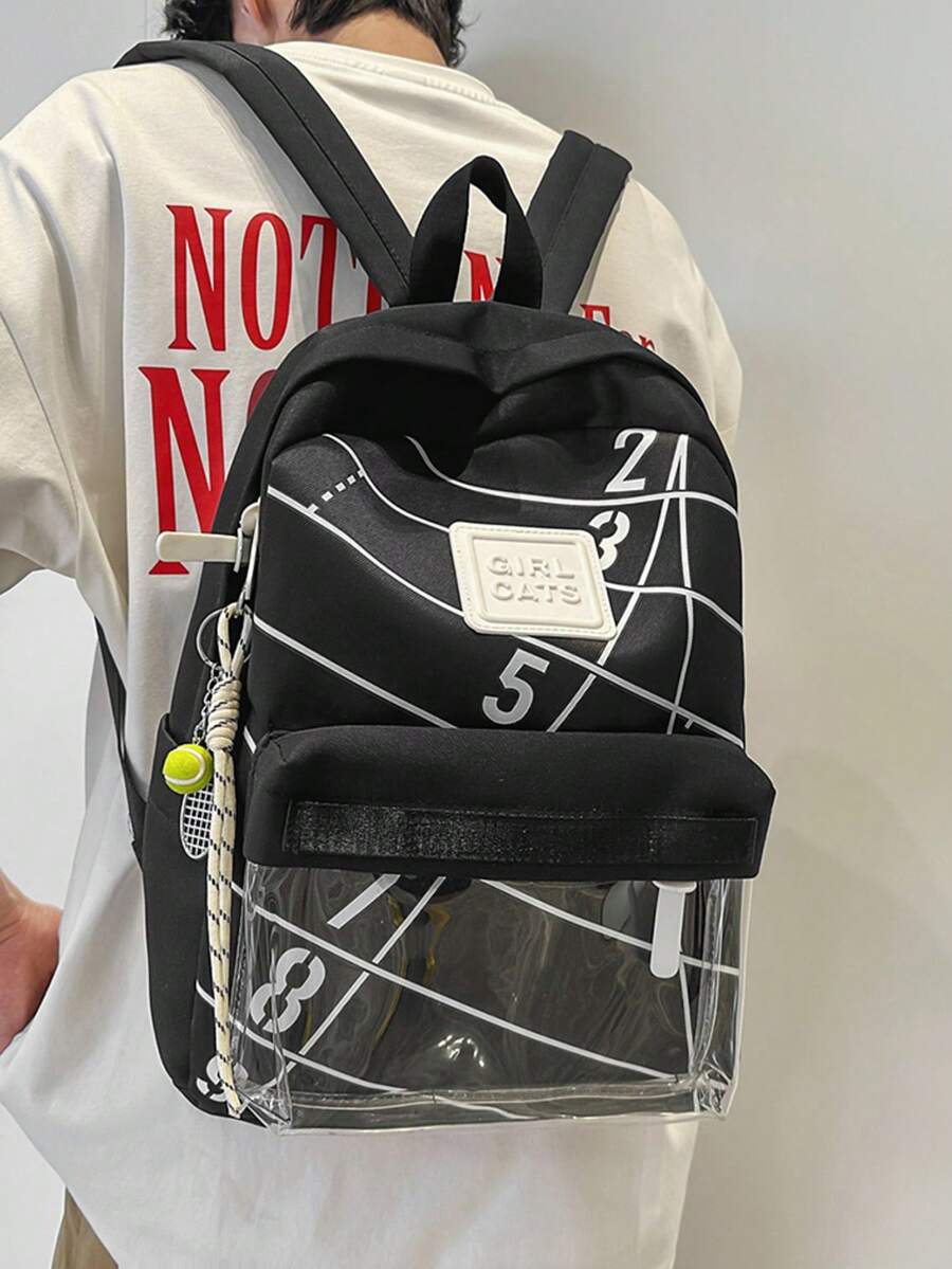 1 件男士尼龙书包通勤包背包钱包，透明前袋，防刮耐磨，肩带减轻负担，轻便大容量，配有可调节肩带，适合大学高中假期，休闲学院风运动风，其他印花，适合大学生，女孩礼物，送给女朋友，适合 Pixiv 学生