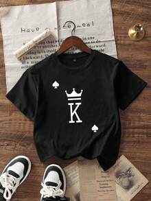 男童及青少年休闲印花圆领短袖T恤，夏季上衣 - 黑色 - 查看 3