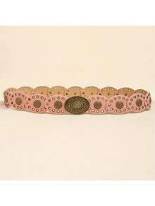 1 件棕色复古朋克风格铆钉和网眼椭圆形女士牛仔腰带/礼服腰带，适合日常穿着、派对和节日夏季、学校 - 粉色 - 查看 2