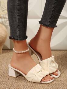 1 双女式高跟凉鞋，欧盟加大码母亲节礼物，时尚舒适 PU 防滑纯色皱纹纹理圆头露趾一脚蹬高跟鞋，5 厘米鞋跟高度，适合室内/室外，可爱奢华时尚日常派对婚礼学校办公室，2025 春夏新款女鞋