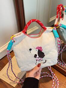 时尚女士手提包，新款单肩包，小众设计，休闲斜挎包，简约时尚手提包，舒适尼龙面料，纯色设计，刺绣装饰，开口设计，可调节和可拆卸肩带，宽敞时尚水桶包 - 白色 - 查看 7