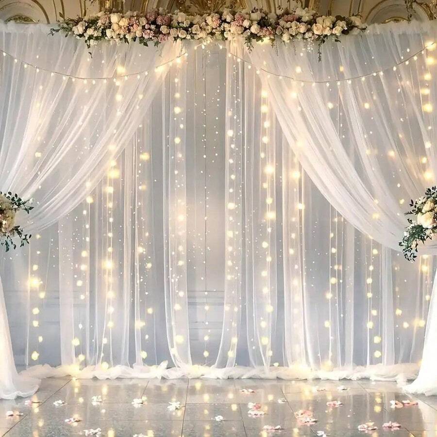 1pc/2pcs White Tulle Sheer Fabric Curtains For Wedding Decoration, Hung On Rod Voile Backdrop Curtain Drapes, With Top Holes For Rod Or Ropes (Rod Not Included)