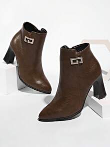 2025新款冬季女士绒面高跟踝靴，细跟，时尚保暖内衬皮鞋 - 棕色 - 查看 7