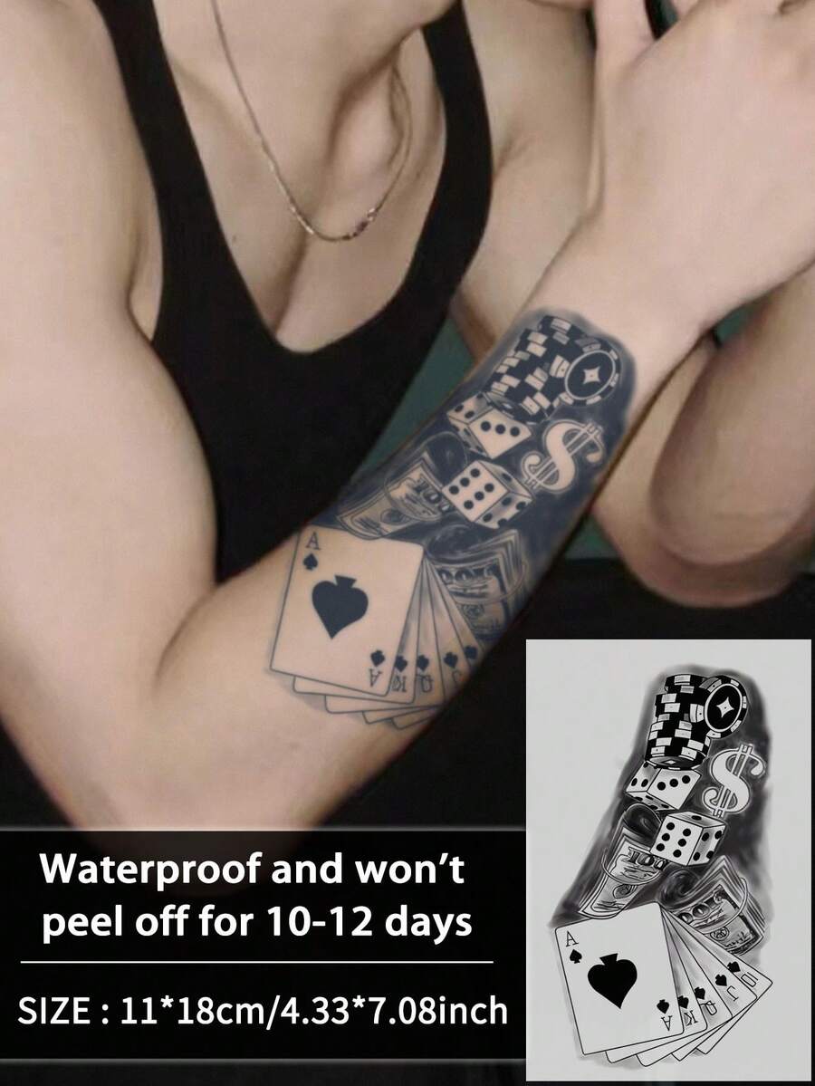 1 件假纹身临时纹身半永久纹身 Y2K 扑克牌西方图案防水防汗持续 1-2 周逼真草本汁防摩擦不反光黑色适用于女性和男性纹身贴纸适用于手臂、胸部、腿部、腹部、腰部、手指、颈部、脊柱、现代人体艺术 - 黑色 - 查看 1