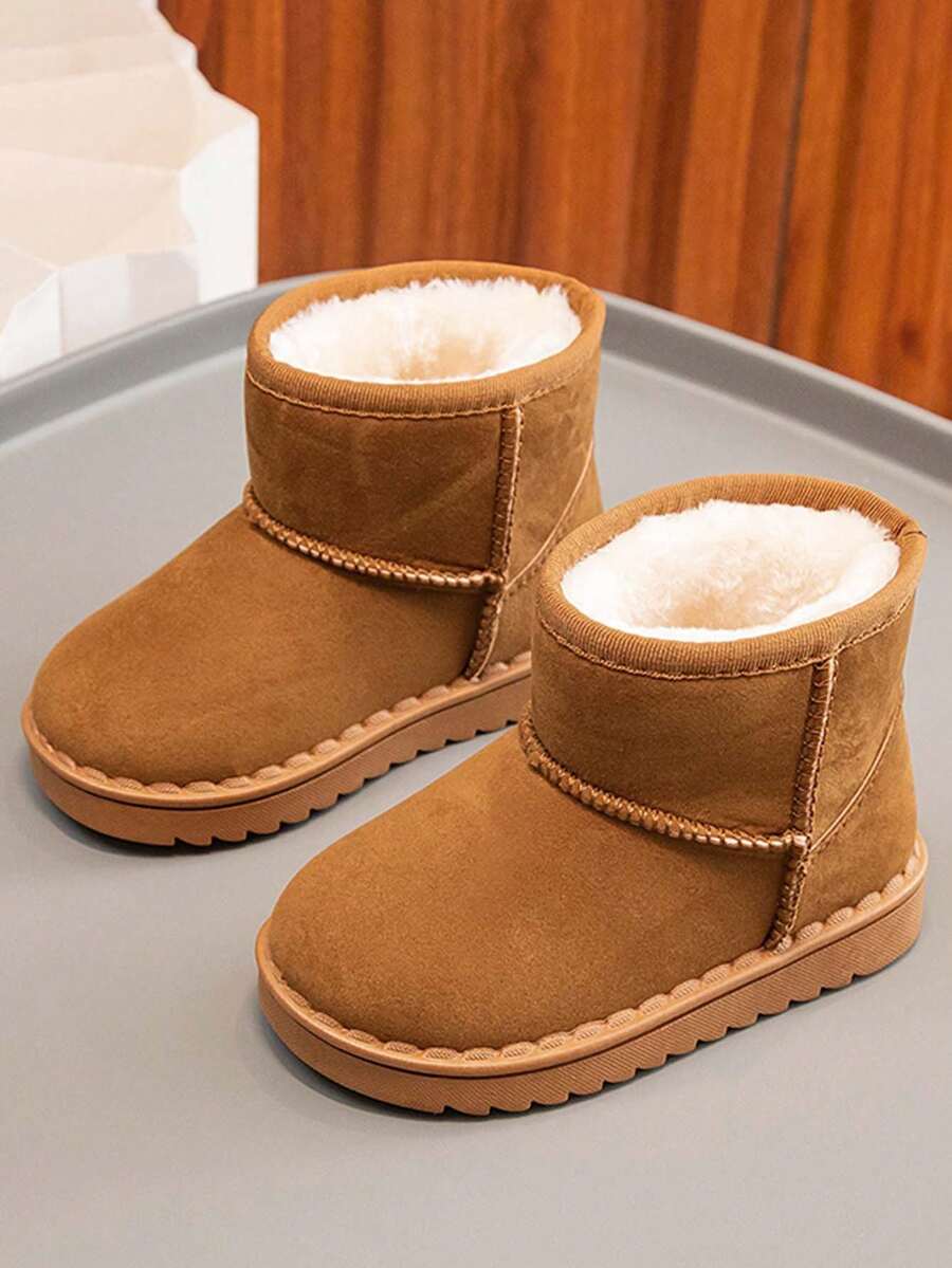 1 Pair Girls' Winter Faux Suede Patchwork Thick Sole Slip-On Warm Snow Boots, Cute Children Boots