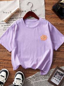 1pc Tropical Print Short Sleeve Tee Shirt For Tween Girls, Comfortable And Fashionable Summer Top For Young Students - Purple - View 4