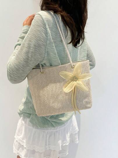 Mini Floral Woven Beach Tote Bag, Fashionable Shoulder Handbag