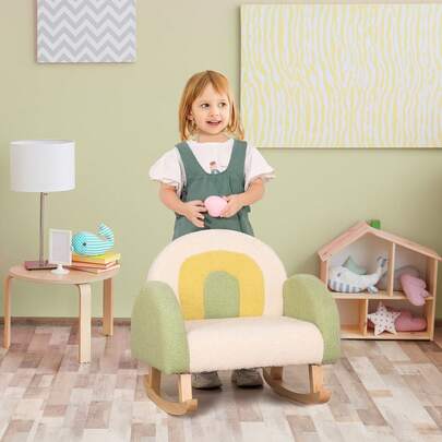 CHILDREN'S SOFA - CHILDREN'S STOOL, TODDLER ROCKING CHAIR, SOLID WOOD FRAME, GRAIN VELVET FABRIC, CHILDREN'S ARMCHAIR, SUITABLE FOR THE NURSERY OR PLAYROOM, SUITABLE FOR CHILDREN AGED 18-36 MONTHS, GREEN