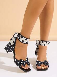 Sandale cu toc înalt pentru femei, potrivite pentru petreceri, activități în aer liber, călătorii, vacanțe la modă, toc gros, vârf pătrat, eșarfă cu buline, fundă, textură de piatră strălucitoare, culoare uni, sandale negre elegante de înaltă calitate - Negru - Vizualizare 4