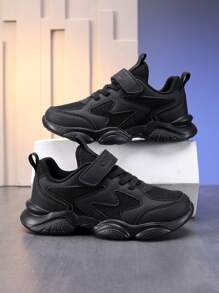 1 Pair Kids Black Mesh Breathable Running Shoes, Boys Girls Sports Shoes With Hook And Loop Fastener