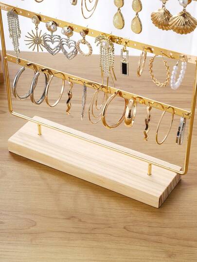 1 pieza Soporte de joyería de metal de 3 niveles con bandeja de madera, ideal para almacenar aretes, pendientes y otros accesorios. Adecuado para espacios interiores como dormitorios, tocadores, estudios y mostradores, es una opción perfecta para la organización diaria de las mujeres, los esenciales de viaje, el almacenamiento en dormitorios en la temporada de regreso a clases y los regalos del Día de San Valentín.