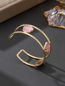 1pc Elegant Pink Lucky Clover Double Line Women's Open Bangle (Excluding Gift Box) - Pink - View 4