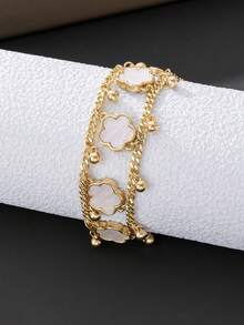 1pc Stylish Fashion Clover Double-Layer Line Design Women's Bracelet, Romantic Dating Gift (Exclude Gift Box) - White - View 3