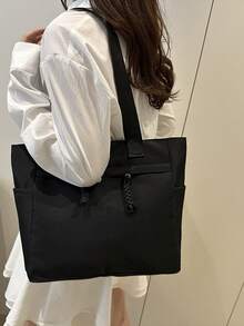 Bolsa de tela versátil y de moda de un solo color, bolso de hombro minimalista y casual con textura de color contrastante - Negro - Ver 3