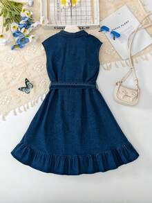 Girls' Fashion Denim Dress With Belt, Blue Lapel Collar Casual Dress For Daily Wear, Summer