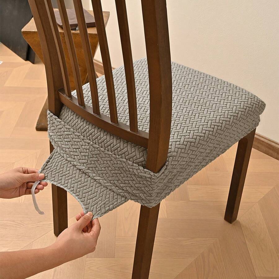Solid Jacquard Stretch Dining Chair Covers With Elastic Straps | Universal Fit Decorative Seat Protector | Chair Covers Forros Para Sillas Cojines Para Sillas - 卡其色-彈性提花款 - 查看 1
