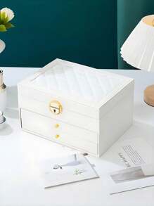 1 pieza Joyero de tres capas de gran capacidad, joyero multifunción de piel sintética (PU), joyero de tres capas con cerradura, joyero portátil, caja de almacenamiento para anillos, aretes y collares, caja de almacenamiento de joyería para tocador con cajón