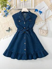 Girls' Fashion Denim Dress With Belt, Blue Lapel Collar Casual Dress For Daily Wear, Summer