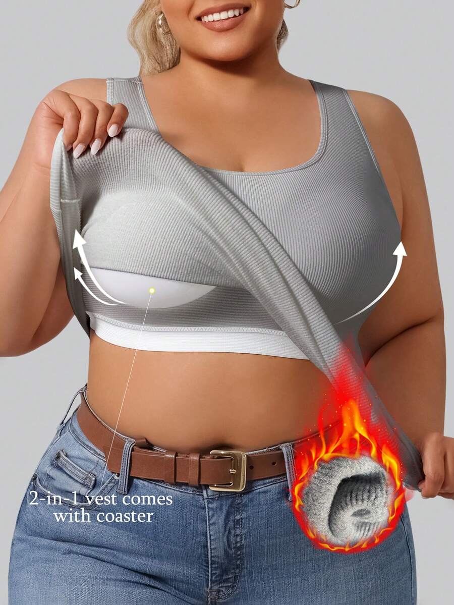 1pc Autumn/Winter Ribbed Fleece Tank Top With Built-In Cup, Yoga Base Layer Vest In Light Gray, No Bra Needed