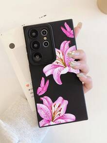 1pc INS Style Pink Floral Lily Flower & Butterfly Pattern Black Soft Anti-Slip Phone Case, Compatible With IPhone Case & Galaxy Case, Fits IPhone 13, 15, 16 Pro Max, IPhone 16, IPhone 14, IPhone 16 Plus, Galaxy Cases - Multicolor - View 6