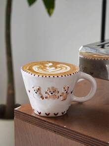 1个270毫升可爱卡通熊陶瓷杯，双面浮雕熊图案，心形牛角包咖啡杯，家用杯，牛奶杯，情侣早餐杯，水杯，下午茶杯礼品 - 白色 - 查看 4