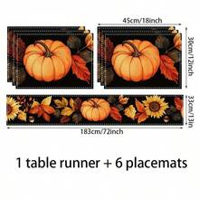 Un conjunto de 4/6 individuales para mesa y 1 camino de mesa, diseñados en un estilo temático de otoño con estampados de calabaza y hojas de arce, adecuados para mesas de comedor, muebles, decoraciones de fiestas festivas y pueden usarse tanto en interiores como en exteriores, lo que lo convierte en una elección ideal para la decoración de Acción de Gracias y otoño. - Multicolor - Ver 19