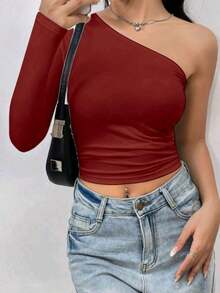 Women's Cropped Top T-Shirt Blouse With One-Shoulder Neckline Suplex Fabric Ideal For Going Out On Casual Romantic Elegant And Sophisticated Dates - 酒紅色 - 查看 3