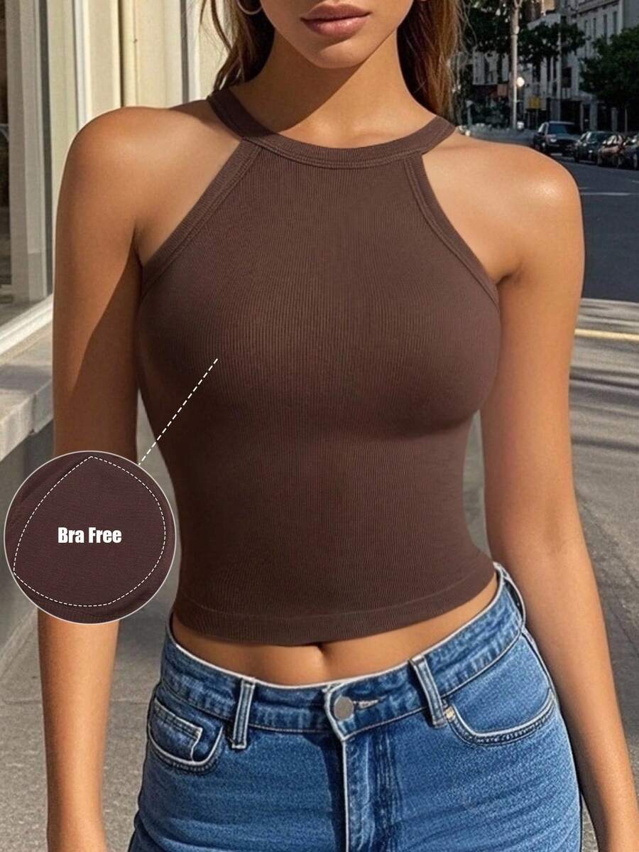 1 Áo ba lỗ dây mảnh màu trơn, thoải mái, tối giản, thường ngày, thường ngày, cắt cúp, có đệm ngực cố định, vừa vặn, tập luyện - màu nâu - Xem 1