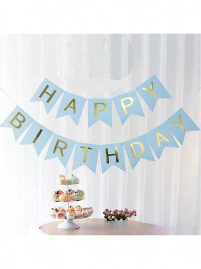 1 Pieza Bandera de Cumpleaños con Efecto Brillante Azul y Dorado, Bandera con Forma de Cola de Golondrina, Bandera con Letras de Estampado en Caliente, Decoración Creativa para Fiesta de Cumpleaños, Accesorios para Decoración de Cumpleaños y Ambiente, Decoración de Habitación