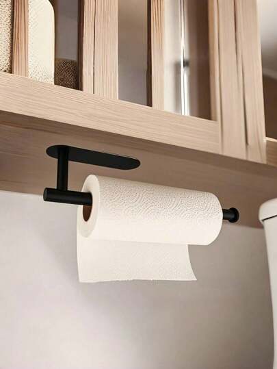 1pc Black Paper Towel Holder, Adhesive Backed Wall Mount, Easy Installation, Suitable For Kitchen, Under Cabinet, Bathroom, Pantry, Sink, Balcony, Restroom, Also For Cling Wrap/Foil Storage