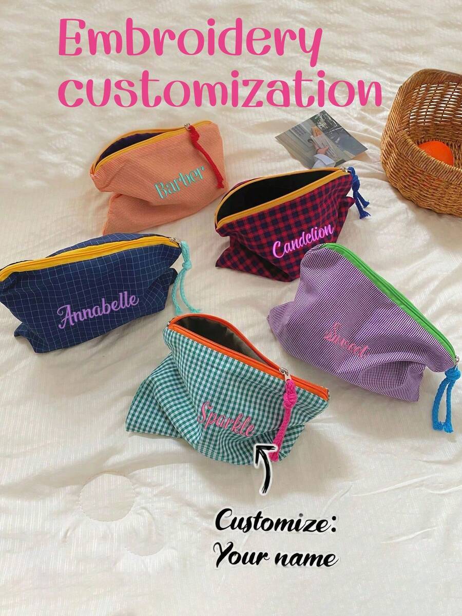 1 件个性化女士格纹化妆包，便携式旅行洗漱包，大容量刺绣化妆包，柔软多功能收纳包，刺绣姓名首字母包，高品质新娘伴娘礼物，适合日常使用，商务旅行，送给家人、朋友、母亲、伴侣的礼物，适合母亲节、情人节、护士节、教师节、圣诞节、周年纪念日、生日 - 彩色 - 查看 1