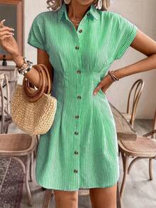 Women Elegant Striped Short Sleeve A-Line Shirt Dress, High Waist Button Casual Summer Office Dress, Light Color, Comfortable Polyester Fabric, French Style, Casual Shirt Dress, High Waist, Office Dress, Elegant Style, Four Seasons Solid Color Striped Casual Button Fabric With Pleated Decoration