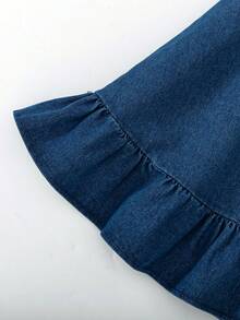 Girls' Fashion Denim Dress With Belt, Blue Lapel Collar Casual Dress For Daily Wear, Summer