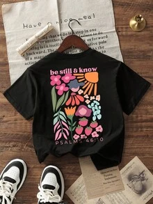1pc Tween Girl Casual Printed Crewneck Pullover Short Sleeve T-Shirt, Summer, Student Youth Clothing - Black - View 1