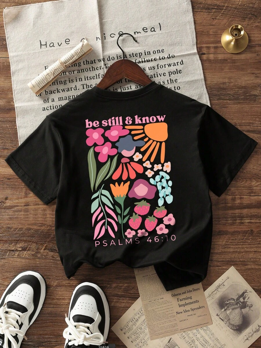 1pc Tween Girl Casual Printed Crewneck Pullover Short Sleeve T-Shirt, Summer, Student Youth Clothing - Black - View 1