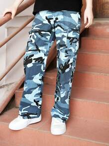 Tween Girls Camo Print Flap Pocket Cargo Pants, Vintage Loose Drawstring Straight Leg Jeans