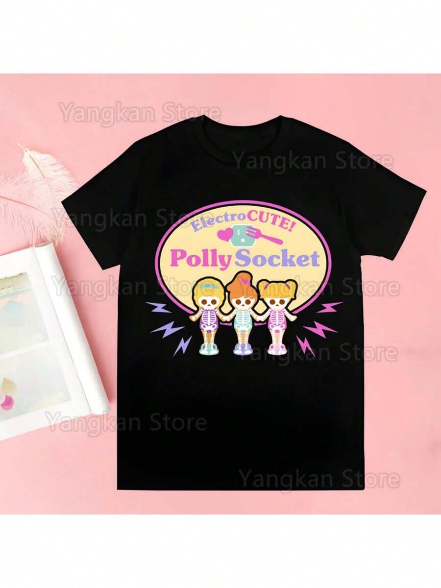 Polly Pocket Cartoon Print T Shirt Women Kawaii Graphic Shirts Casual Short Sleeved Female Tee O-Neck Harajuku T-Shirts - 黑色 - 查看 1