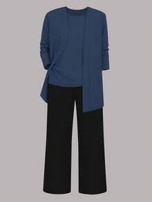 三件套加大码女式休闲纯色套装：外套/开衫 + 圆领无袖上衣 + 松紧腰直筒裤，柔软弹力面料，宽松版型，舒适通勤，适合春/秋/冬，优雅夏季穿着 - 淺藍色+黑色 - 查看 5