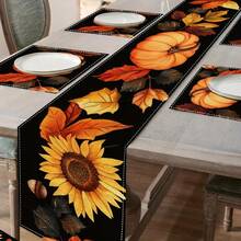 Un conjunto de 4/6 individuales para mesa y 1 camino de mesa, diseñados en un estilo temático de otoño con estampados de calabaza y hojas de arce, adecuados para mesas de comedor, muebles, decoraciones de fiestas festivas y pueden usarse tanto en interiores como en exteriores, lo que lo convierte en una elección ideal para la decoración de Acción de Gracias y otoño. - Multicolor - Ver 4