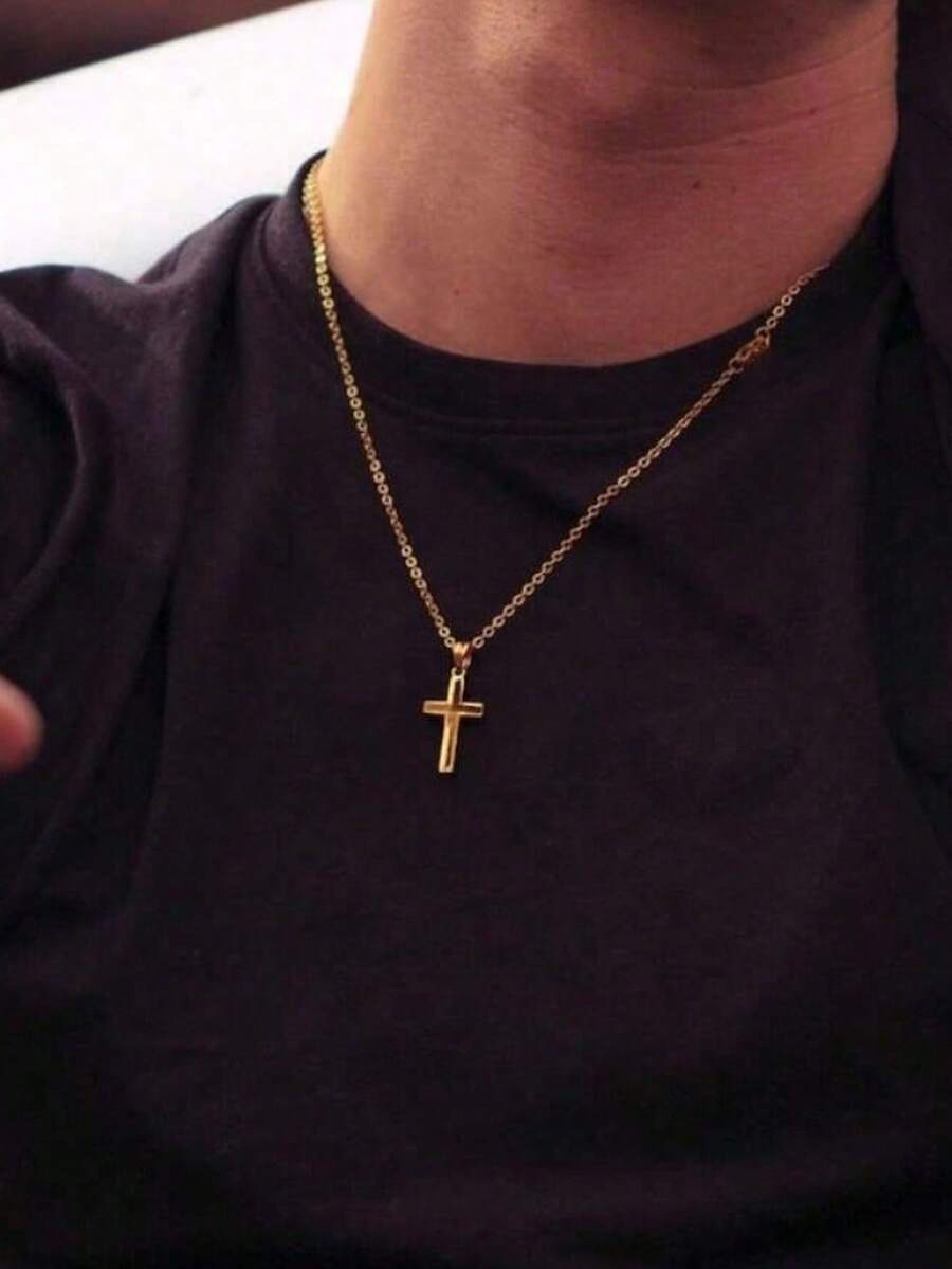 男女通用小十字架项链，十字架吊坠项链，18K镀金/镀银/镀黑吊坠项链，防水防褪色，不锈钢首饰，男士礼物 - Cross - 查看 1