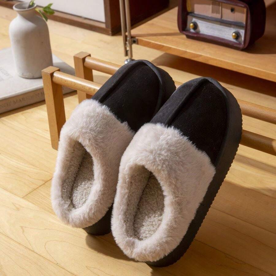 Zapatillas de casa de forro polar para mujer, ideales para interiores en otoño e invierno, con suela gruesa de EVA antideslizante. La versión de invierno cuenta con un forro de pelo, cálido y cómodo para exteriores. - Negro - Ver 1