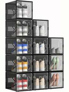Large Shoe Organizers, 6 Pack Shoe Boxes Clear Plastic Stackable, Dust-Proof Shoe Container Stackable, Shoe Storage Organizers For Closet, Good Replacement For Shoe Rack, Under Bed - Black - View 2
