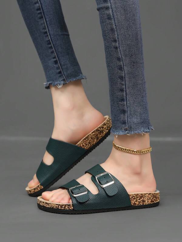 Snap-Button Flat Soft Wood Slide Sandals, Beach Vacation Style Summer Unisex Outdoor Casual Slipper