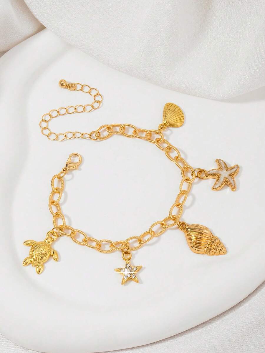 1pc Gold Tone Stainless Steel Ocean Beach Style Turtle, Seashell, Star, Seashell Pendant Women Bracelet, European And American Style - Multicolor - View 1