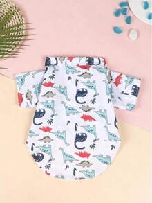 白色休闲简约恐龙印花轻盈透气宠物T恤，春夏秋