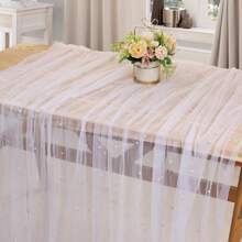 1 pieza Mantel decorado con perlas falsas, mantel de tul blanco con perlas para bodas, decoración de arco nupcial, fiesta de despedida de soltera, decoración de fiesta, faja para silla, telón de fondo para eventos, Navidad, decoración de boda, tela de malla transparente con perlas para fiestas de San Valentín y reuniones en el hogar