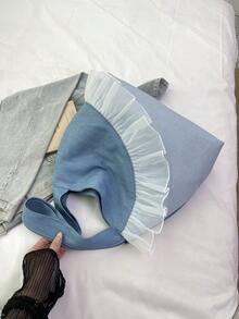 极简风格毛边字母设计牛仔帆布托特包，纯色大容量单肩包，适合女性日常使用，上班通勤书包，返校背包，经典休闲，轻便，便携，行李带设计，适合少女女大学生，非常适合返校、大学、初中、高中、开学第一天，女士西式钱包